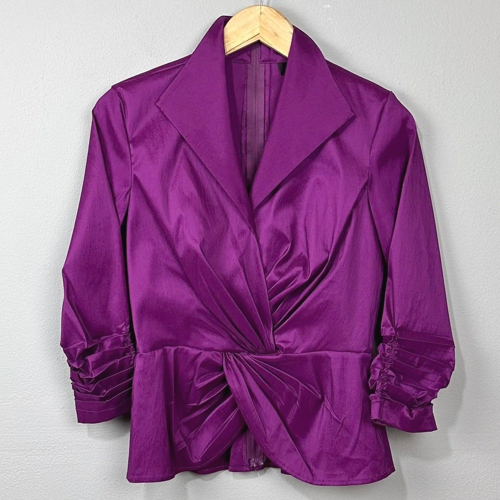 Tadashi Shoji Blouse Womens Size 8 Purple Twist Ruched‎ Peplum Top Formal Glam